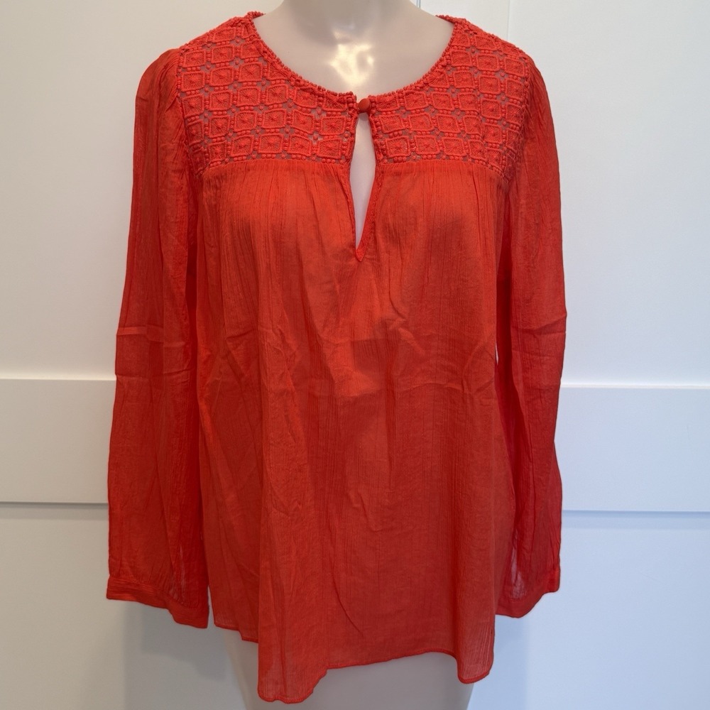 J.Crew Coral Red Cotton Gauze Crochet Lace Yoke‎ Boho Peasant Top Women's 10